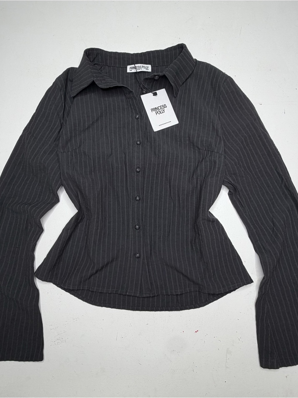 Princess Polly Anni Pinstripe Button Shirt Black Size 8 NWT